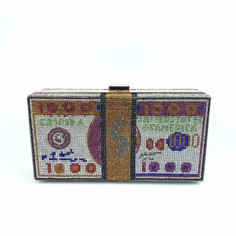 Red Purple Green Pu Leather Dollar Rhinestone Square Evening Bags
