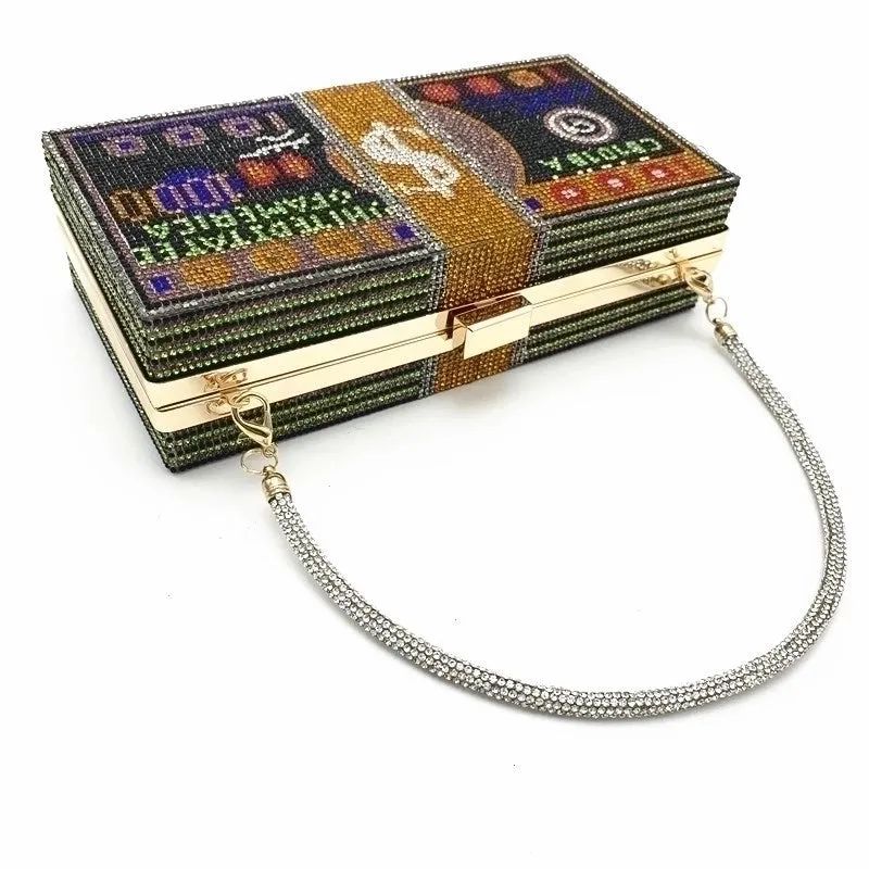 Red Purple Green Pu Leather Dollar Rhinestone Square Evening Bags