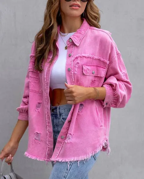 Ripped Long-Sleeved Denim Jackets (Multiple Colors)
