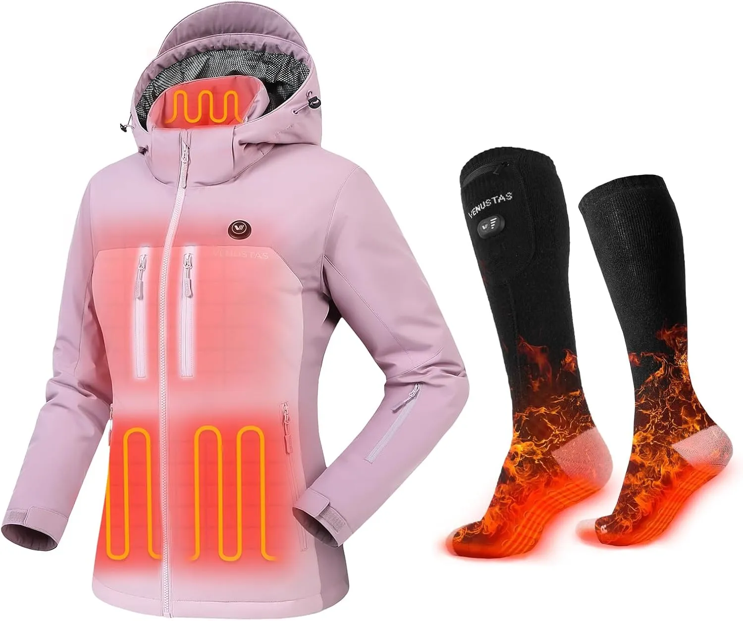 Venustas Men's Heated Utility Jacket (DarkAlpineRose, M) & Extra 9-hour Heated Socks (Black, M)