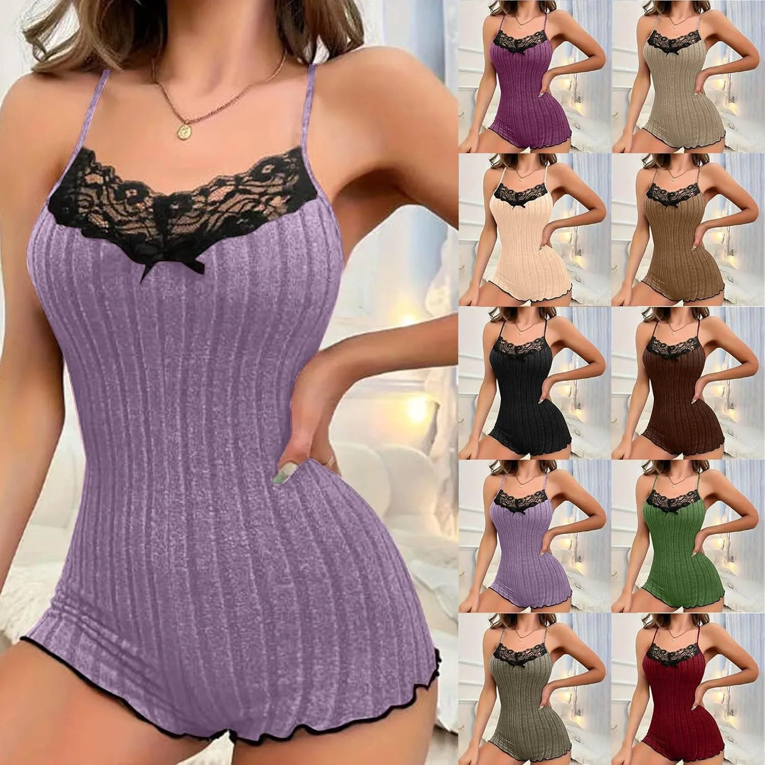 Women's Butterfly Lace Back Onesie Pajamas One Piece Shorts Cami Romper Sexy Sleeveless Lingerie Bodysuit Nightwear