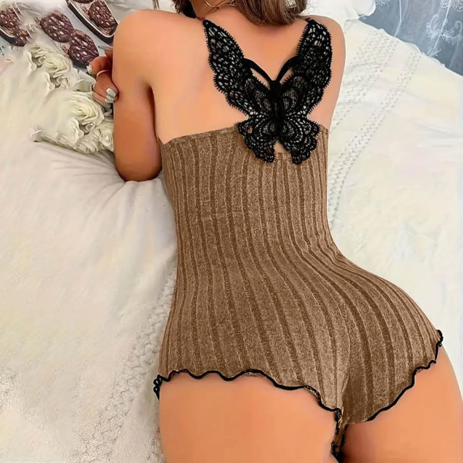 Women's Butterfly Lace Back Onesie Pajamas One Piece Shorts Cami Romper Sexy Sleeveless Lingerie Bodysuit Nightwear