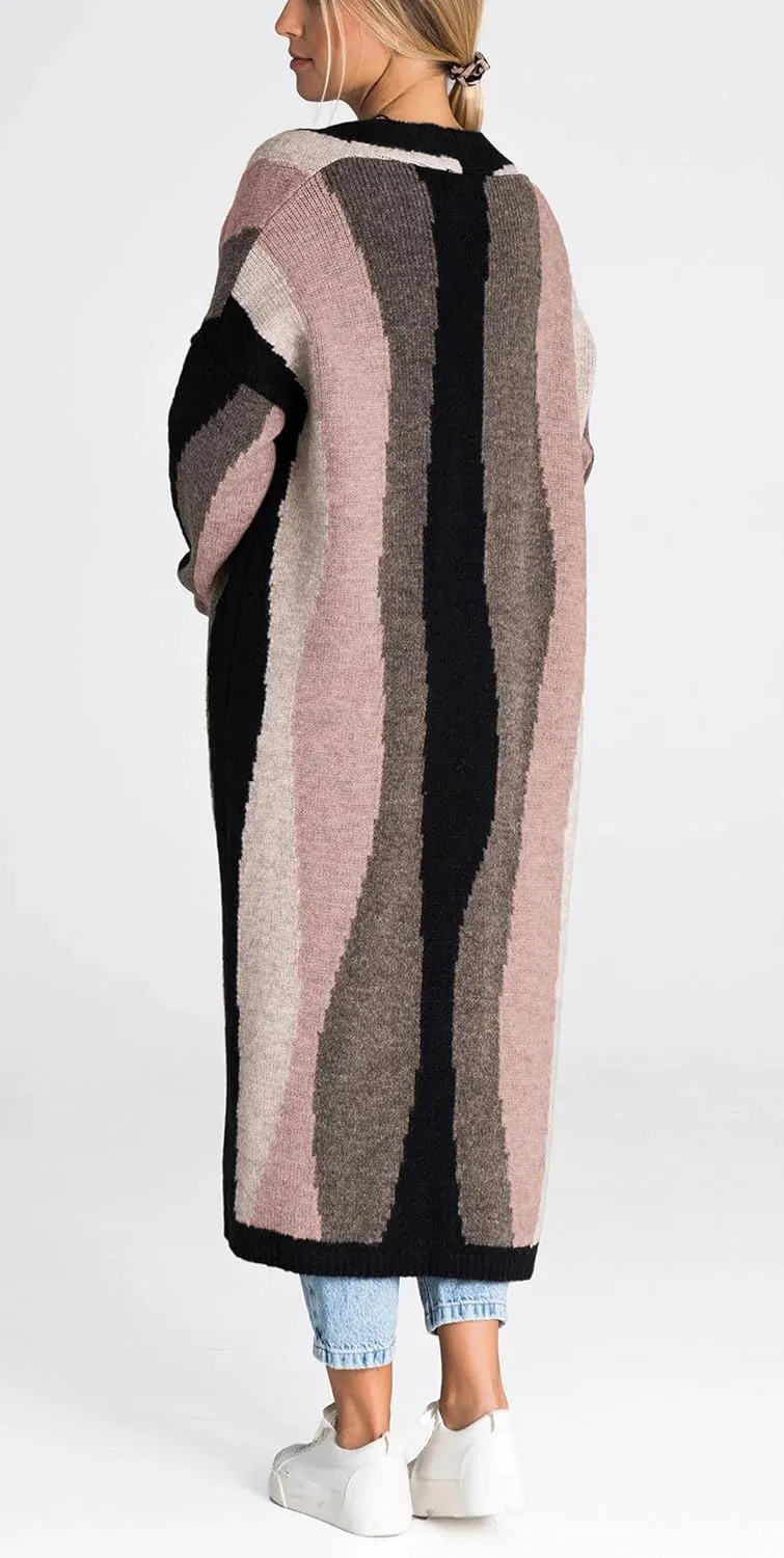 Women's Color Block Vertical Striped Cardigan Sweater Loose Fit Chunky Knit Long Coatigan Coat