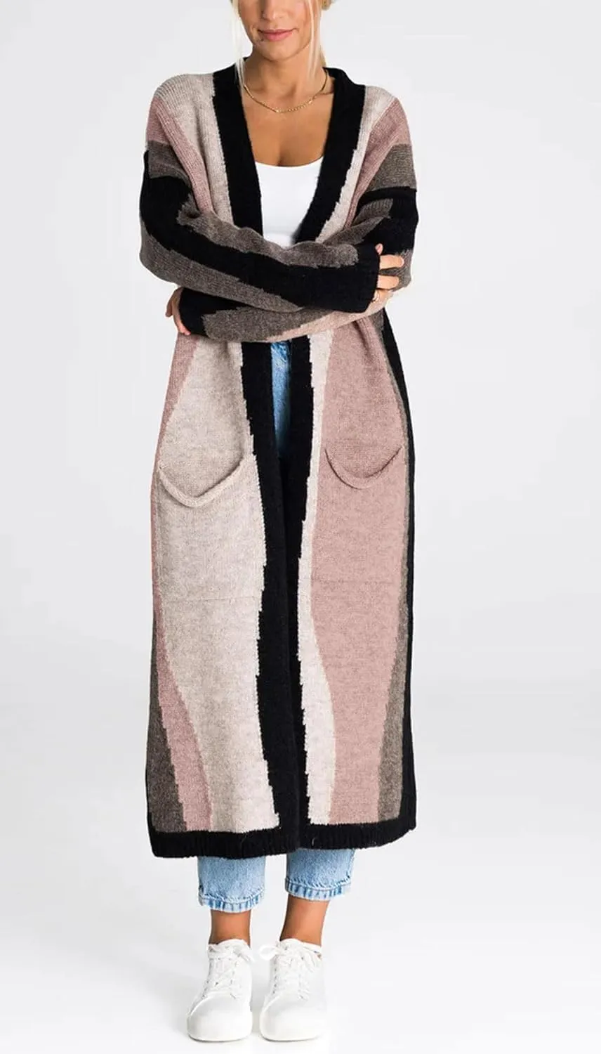 Women's Color Block Vertical Striped Cardigan Sweater Loose Fit Chunky Knit Long Coatigan Coat