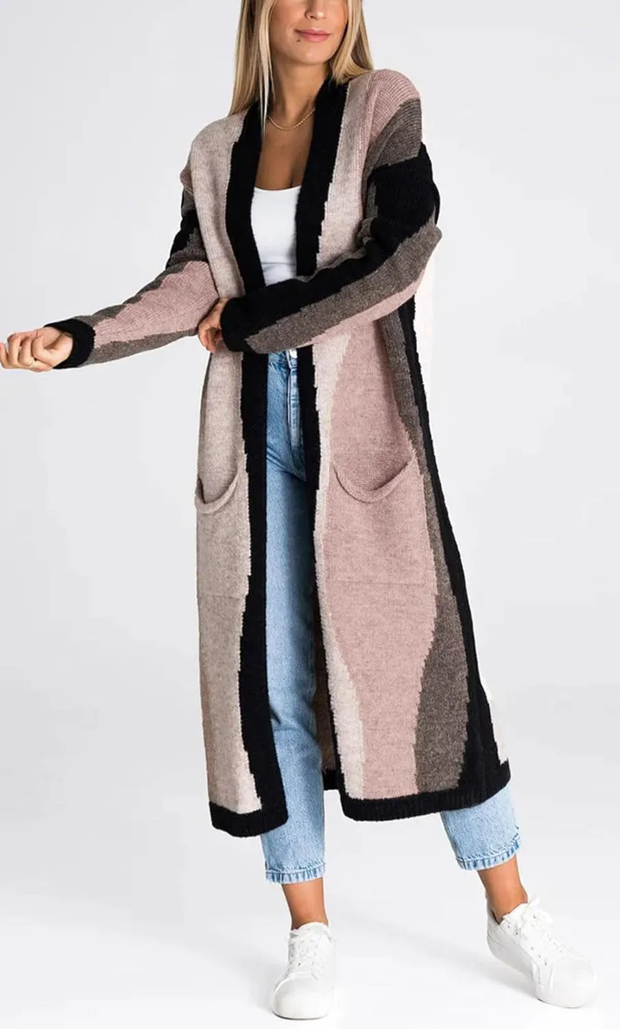 Women's Color Block Vertical Striped Cardigan Sweater Loose Fit Chunky Knit Long Coatigan Coat