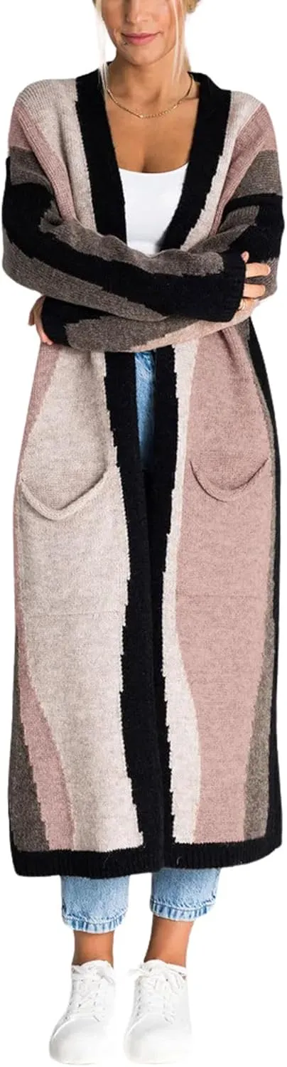 Women's Color Block Vertical Striped Cardigan Sweater Loose Fit Chunky Knit Long Coatigan Coat