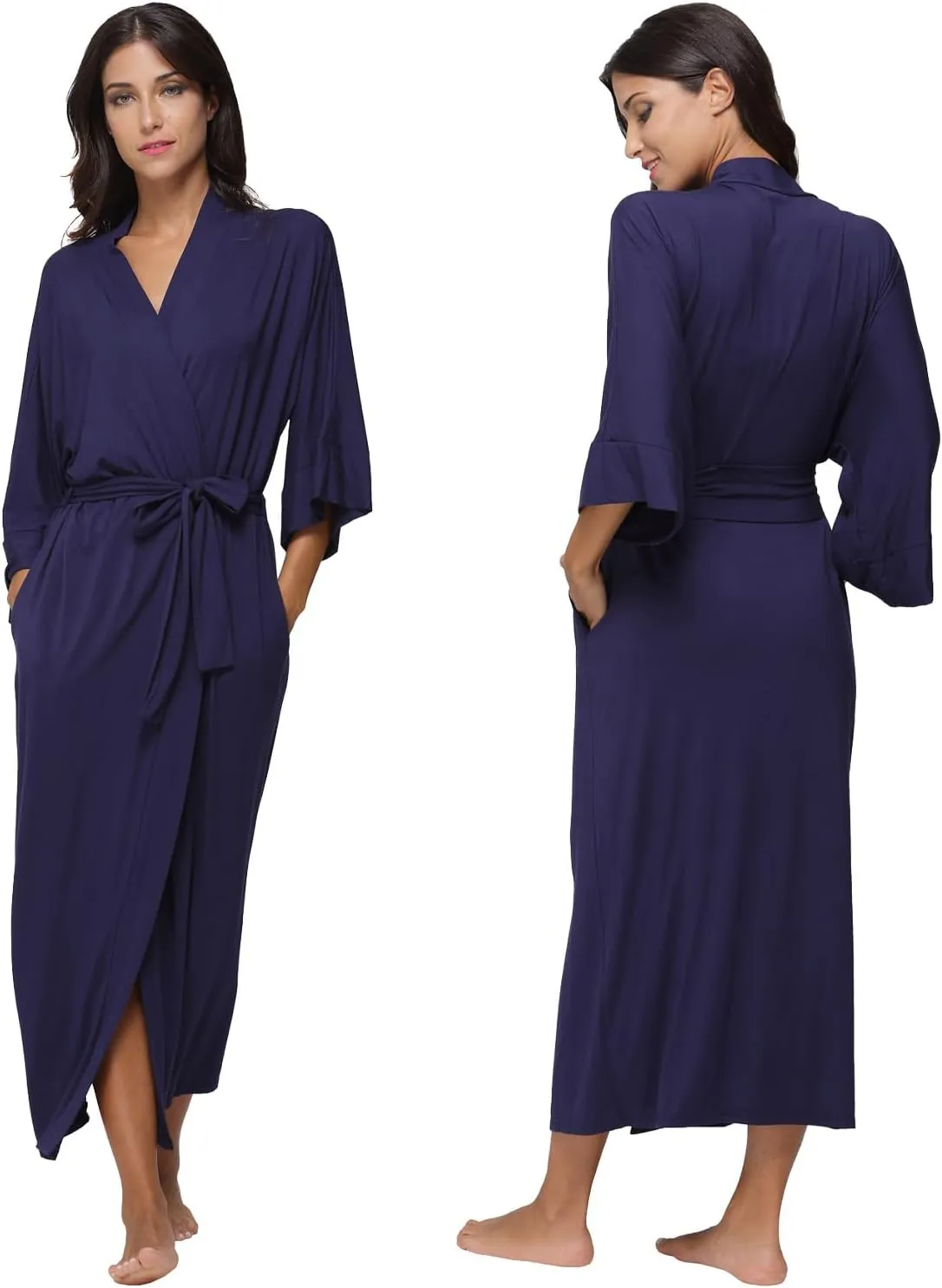 Women's Long Robes Soft Kimono Bathrobe Lightweight Sleepwear Maternity Dressing Gown Knit Wrap House Loungewear