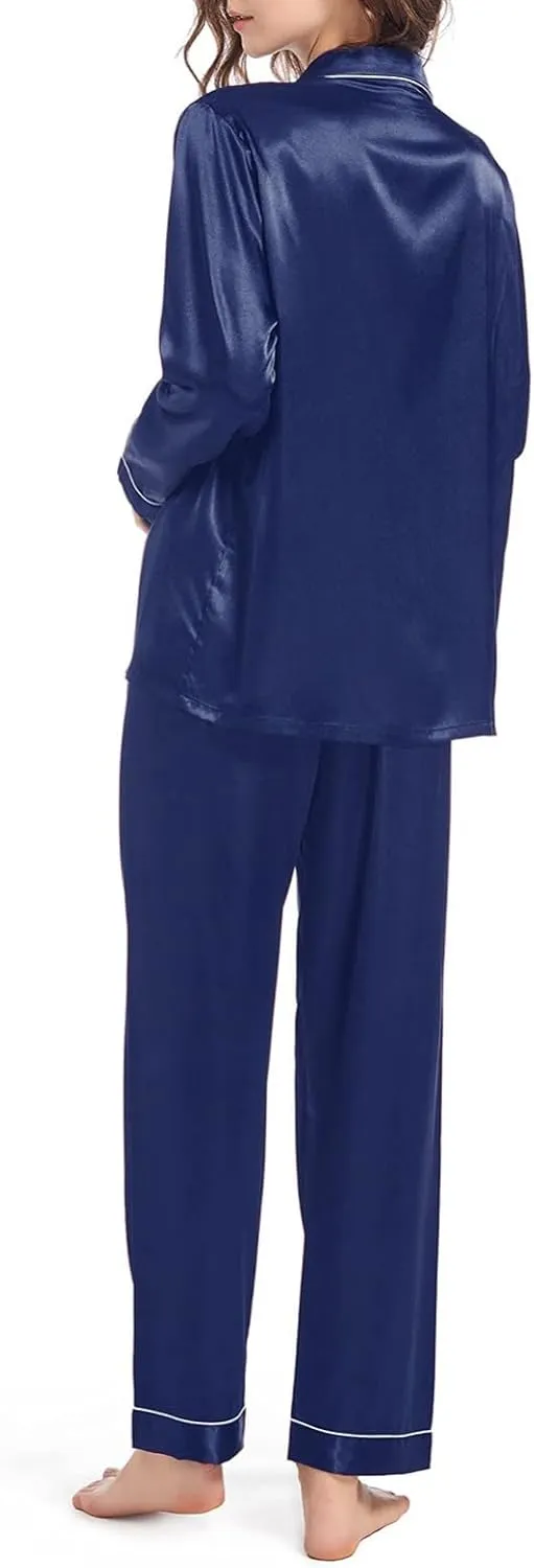 Womens Satin Pajamas Set Pajamas for Women Set Long Sleeve Button Up Sleepwear Soft Lightweight Soft Comfy Pjs Sets