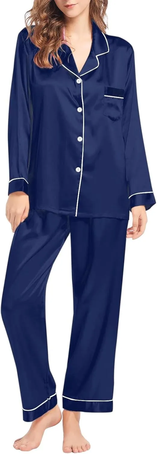 Womens Satin Pajamas Set Pajamas for Women Set Long Sleeve Button Up Sleepwear Soft Lightweight Soft Comfy Pjs Sets