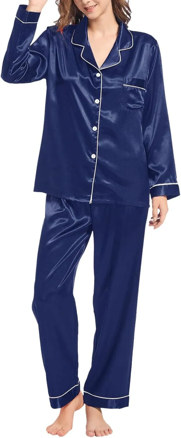 Womens Satin Pajamas Set Pajamas for Women Set Long Sleeve Button Up Sleepwear Soft Lightweight Soft Comfy Pjs Sets