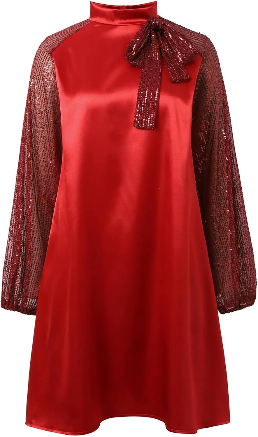 Women's Sweet Long Sleeved Round Neck Stitching Sequined Tie Mini Skirt Sweater for Sleeveless Dress