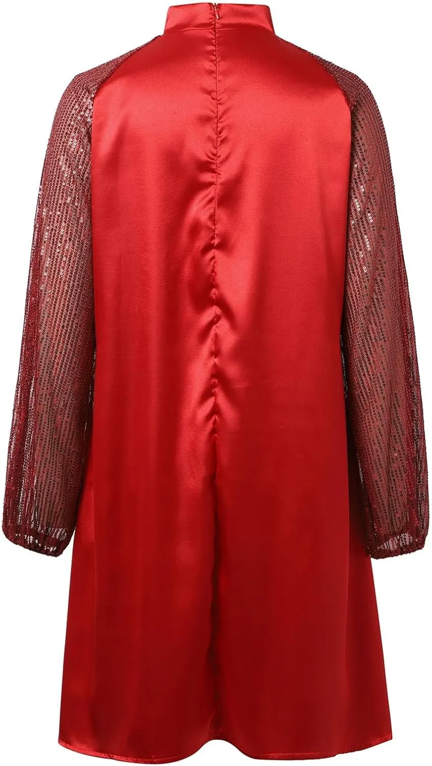 Women's Sweet Long Sleeved Round Neck Stitching Sequined Tie Mini Skirt Sweater for Sleeveless Dress