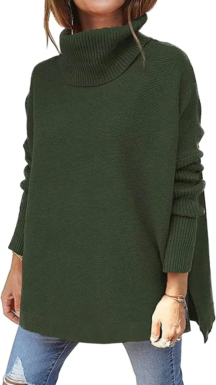 Womens Turtleneck Batwing Sleeve Chunky Knit Pullover Sweater Tops Casual Oversized Spilt Hem Tunic Sweaters