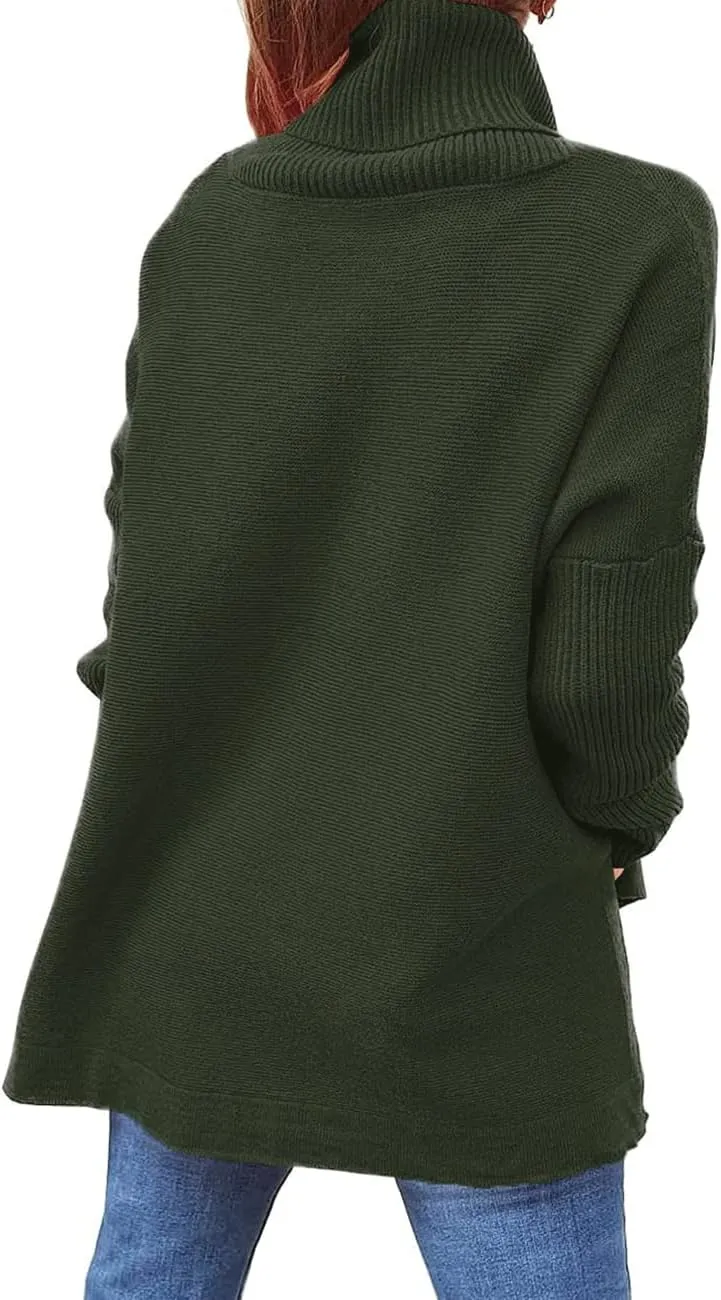 Womens Turtleneck Batwing Sleeve Chunky Knit Pullover Sweater Tops Casual Oversized Spilt Hem Tunic Sweaters