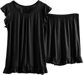 Xiaojmake Women Pajama Set Modal Sleepwear Lace Ruffle Trim Cami Tops and Short Pjs Set with Pocket Soft Comfy Loungewear